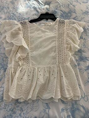 White Eyelet Crochet Sleeve Peplum Top